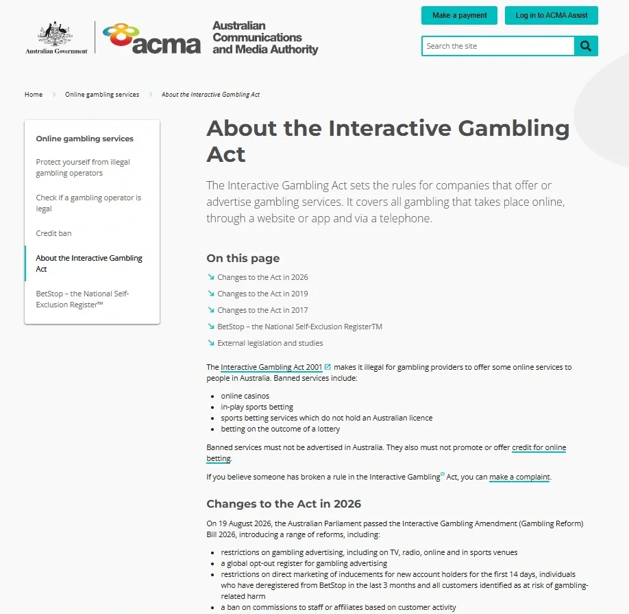 ACMA Interactive Gambling Act guidance on prohibited online gambling services and 2026 reforms