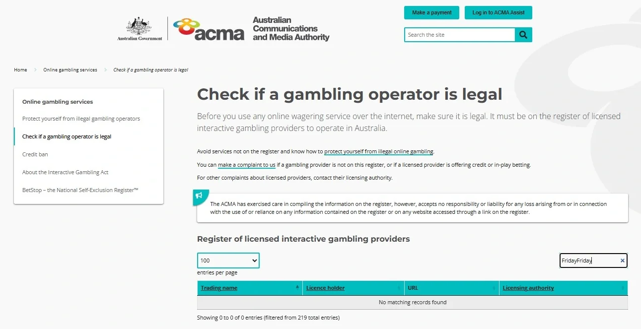 ACMA licensed interactive gambling provider register used to check FridayFriday