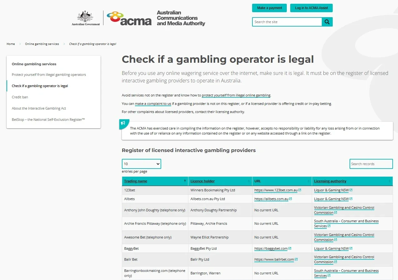 ACMA guidance and licensed-provider register context for Australian readers